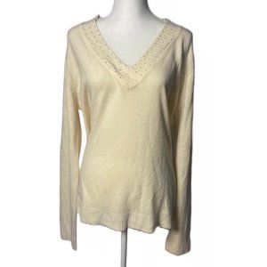 NWOT SHERRY TAYLOR Women Plus 2X V-Neck Pullover Sweater Top Embellished Cream
